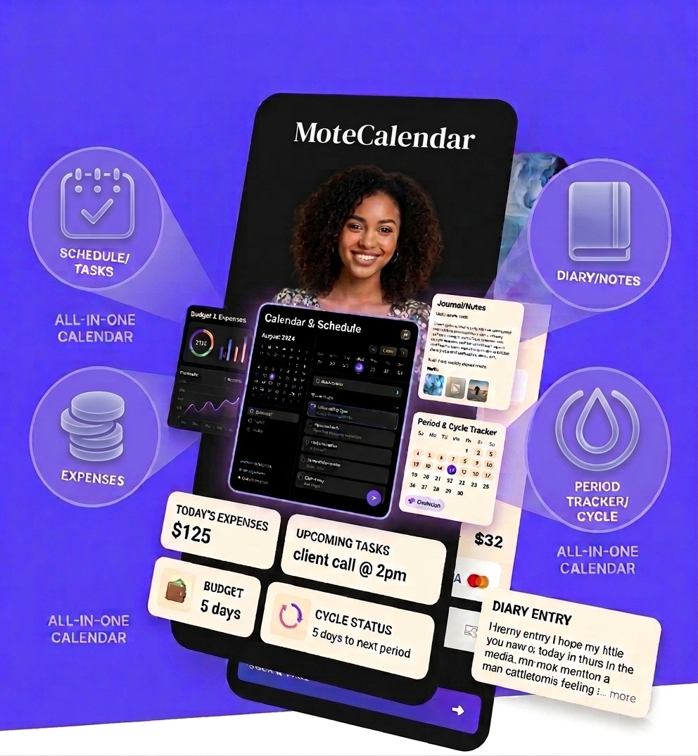 MoteCalendar welcome screen showing the all-in-one calendar app for iPhone